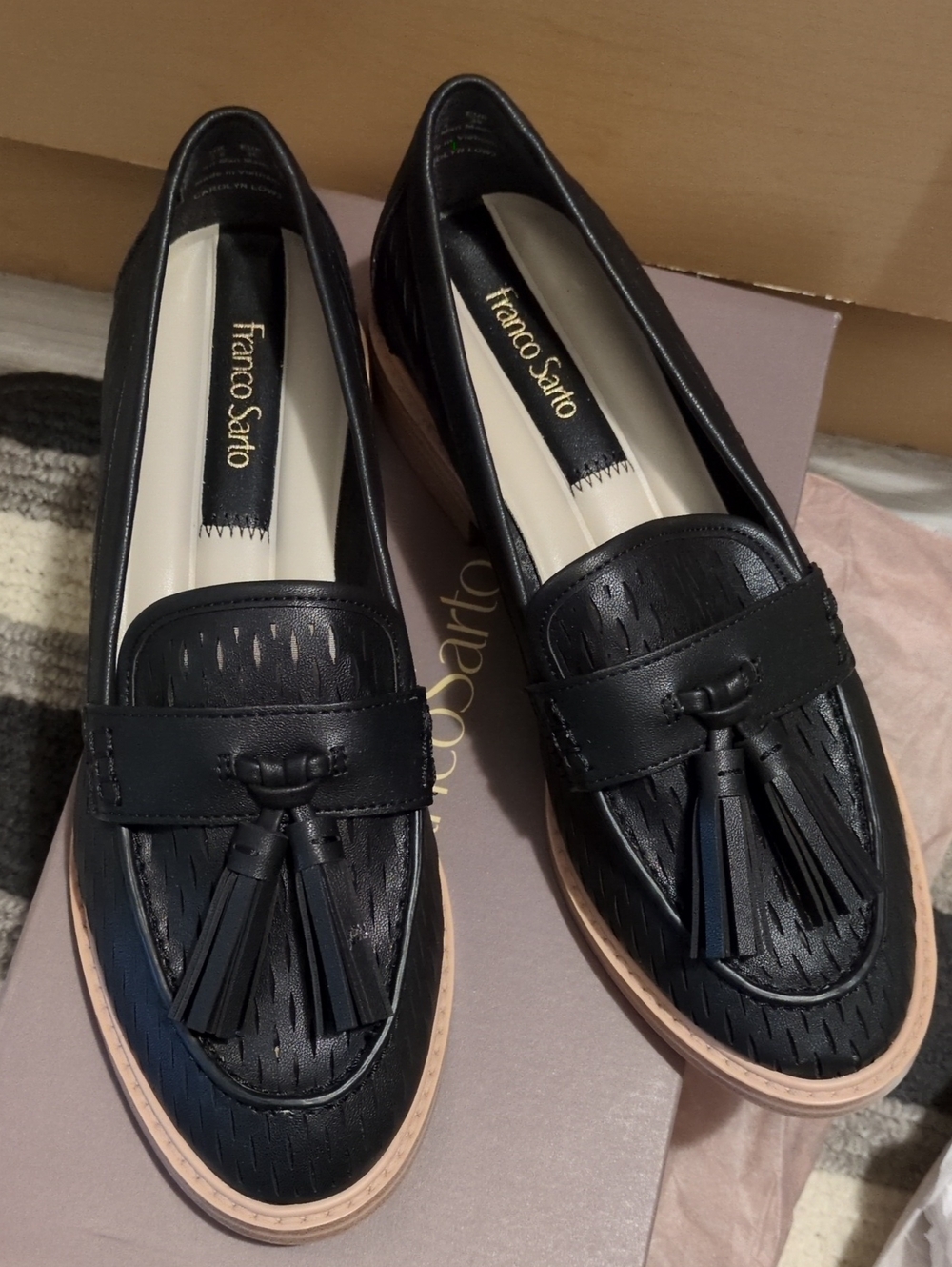 Franco Sarto Black Tassel Perforated Leather Loafers with Tan Sole